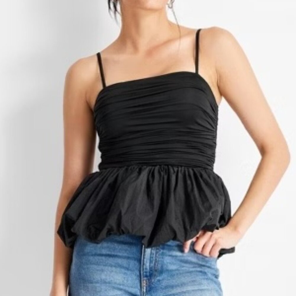 Future Collective Square Neck Jersey Ruched Bubble Tank Top NWT Black